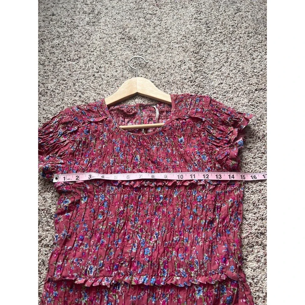 Free People Pink Floral Short Sleeve Smocked Stretch Mini Dress Women's S/P - Picture 7 of 8